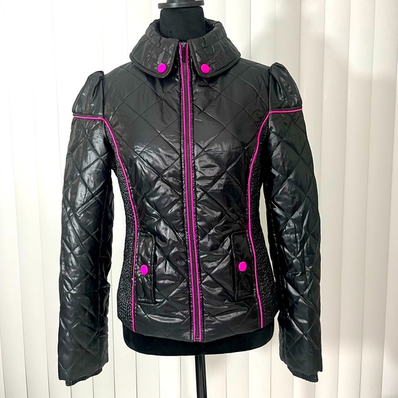 SUGARFLY Quilted Puffer Moto Jacket Coat Zip Up Pockets Black Neon Pink Medium - Picture 2 of 13